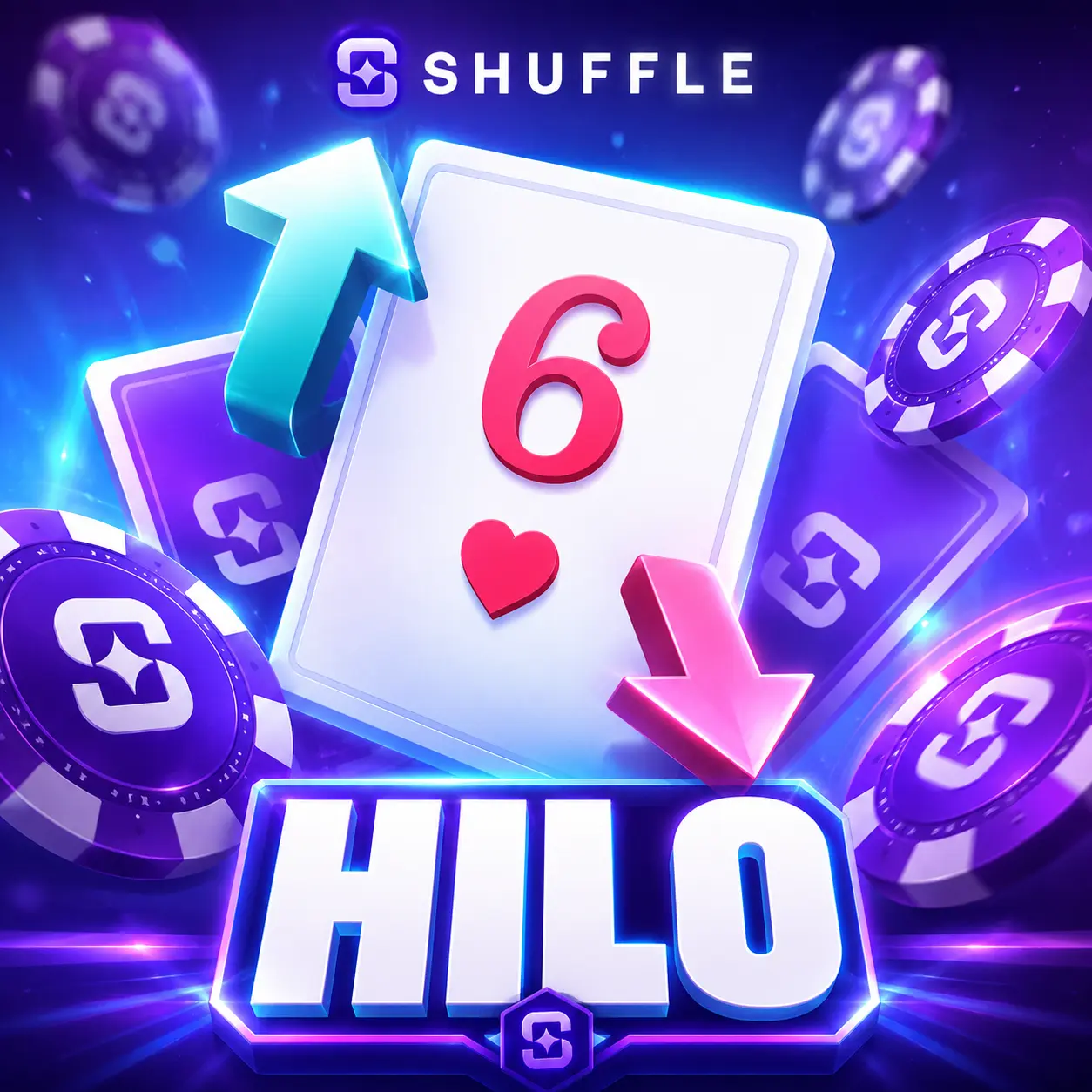 Hilo card game artwork with a six of hearts between a higher arrow and a lower arrow