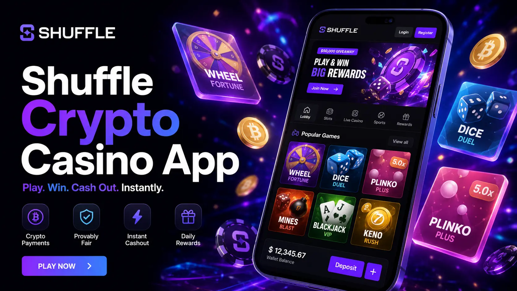 Shuffle crypto casino mobile interface shown on a smartphone with the popular games grid and wallet balance