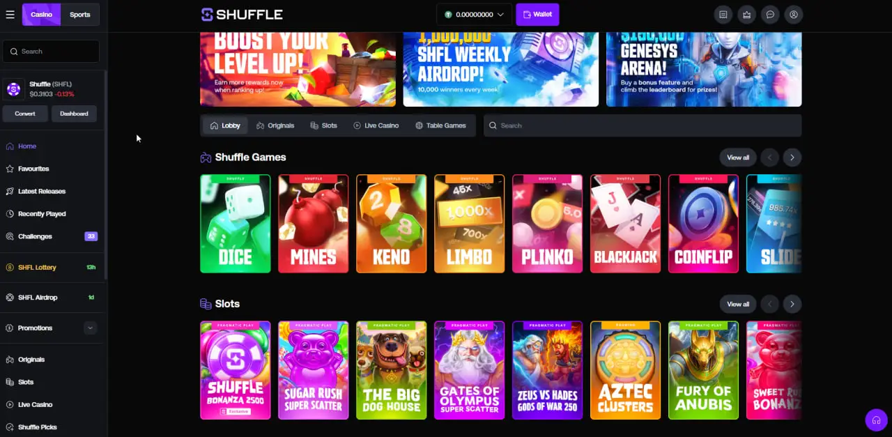 Shuffle casino lobby showing the Shuffle Originals row with Dice, Mines, Keno, Limbo, Plinko and Blackjack
