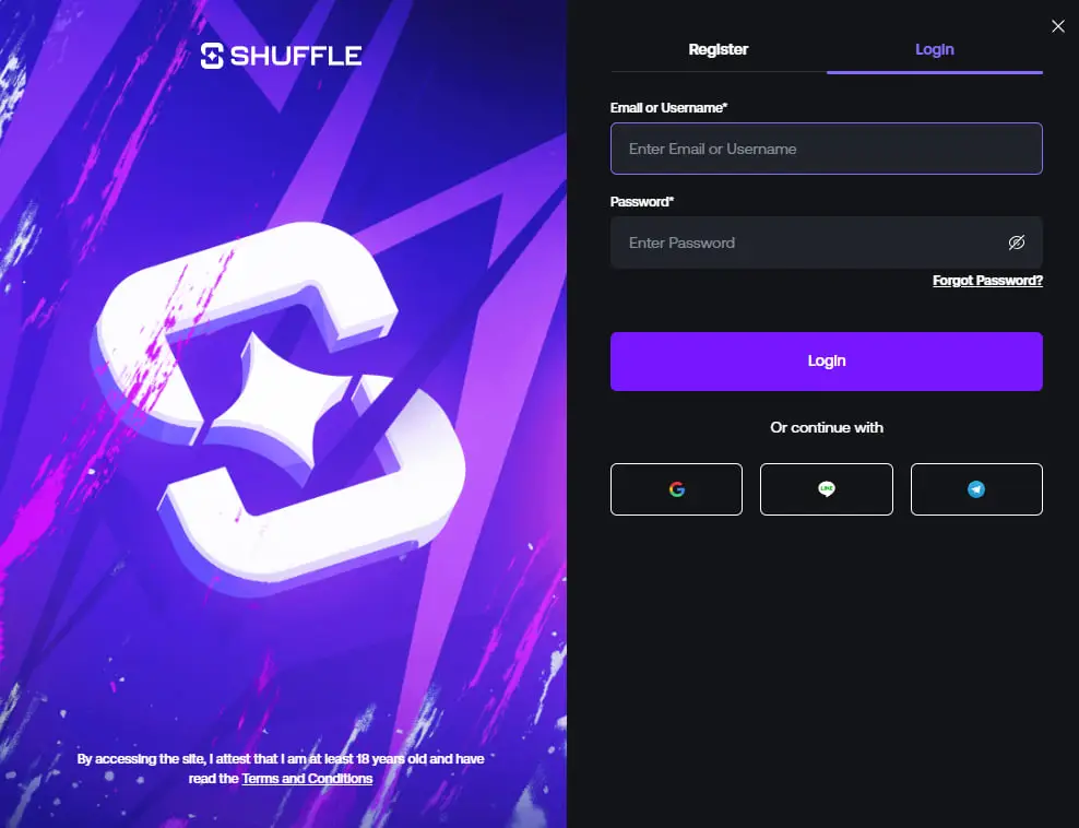 Shuffle sign-in panel with Register and Login tabs, email or username field, password field and social sign-in options