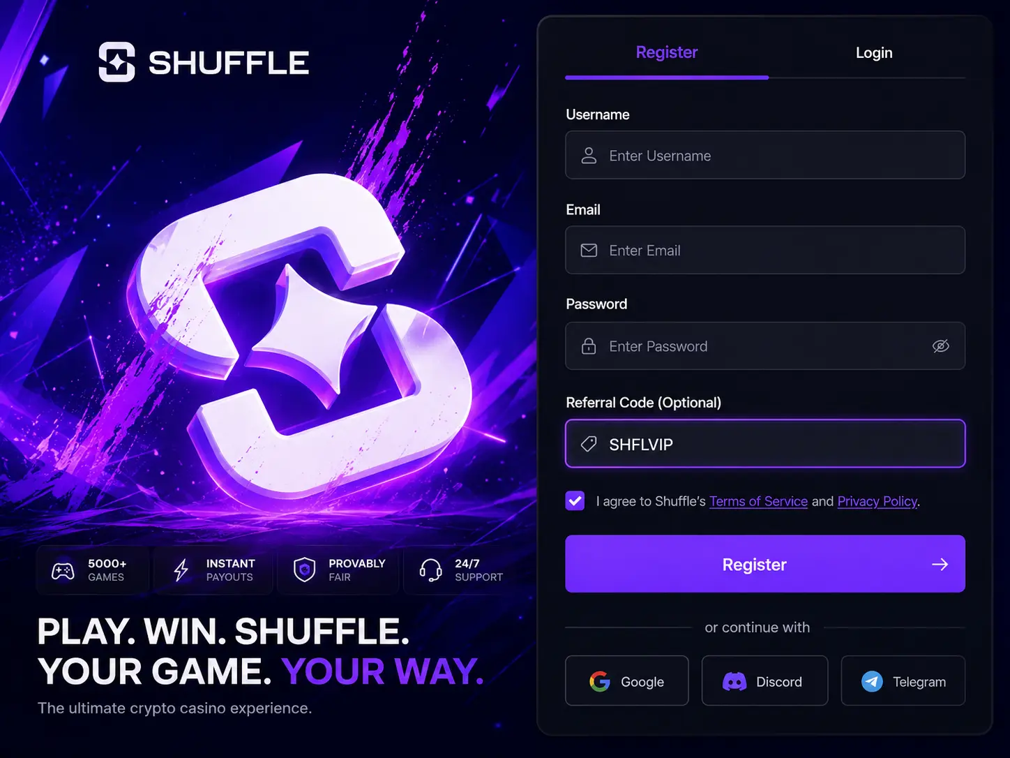 Shuffle registration form with the Referral Code field filled in with SHFLVIP above the Register button
